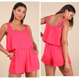 Lulus Effortless Escape Hot Pink Linen Sleeveless Flounce Romper Size XL Beachy